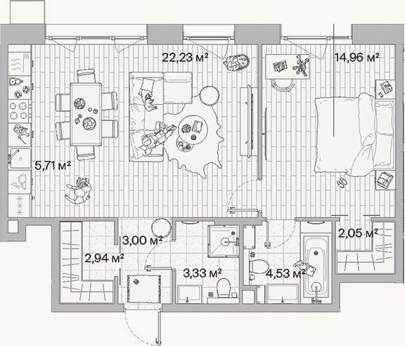 Планировка: 2-к, 58,8 м²