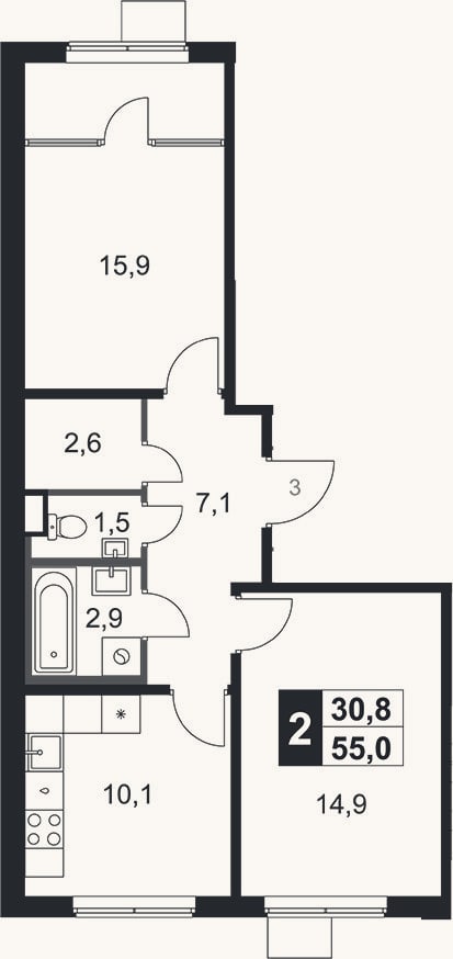 Планировка: 2-к, 55 м²