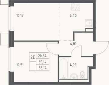Планировка: 2-к, 35,1 м²