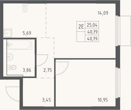 Планировка: 2-к, 40,8 м²