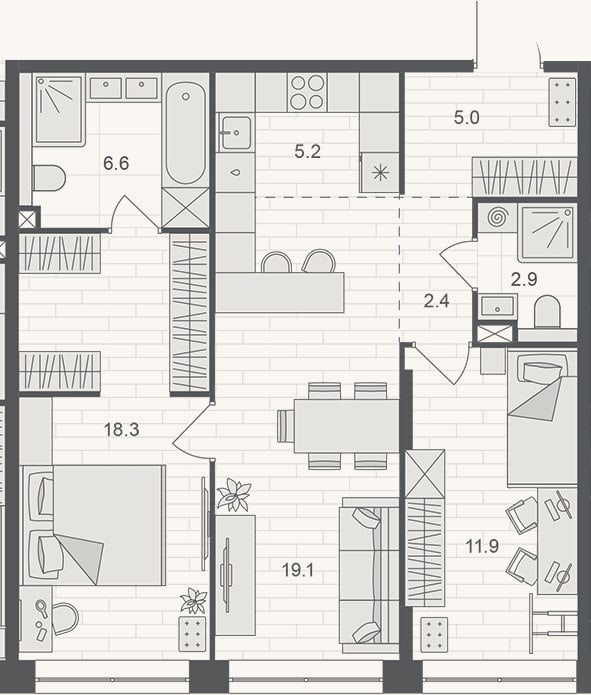 Планировка: 3-к, 71,4 м²