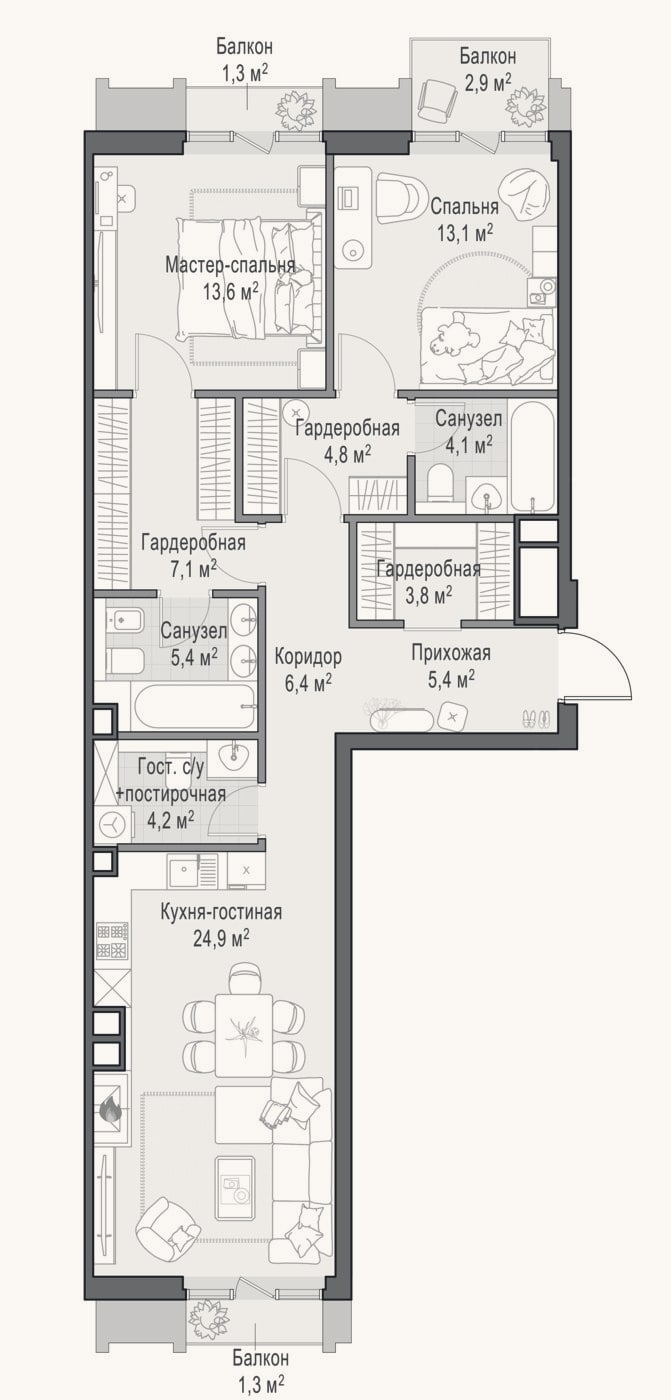 Планировка: 3-к, 94 м²