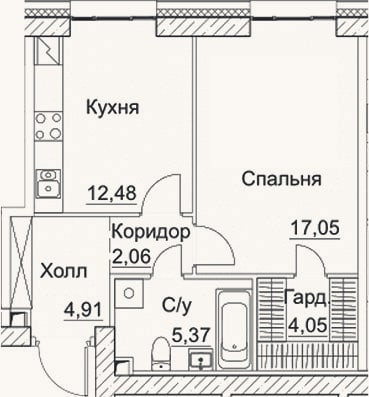Планировка: 1-к, 45,9 м²