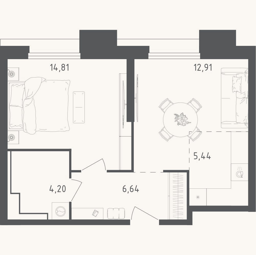Планировка: 2-к, 44 м²