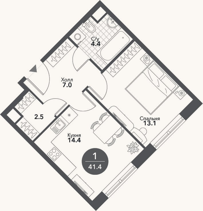 Планировка: 1-к, 41,4 м²