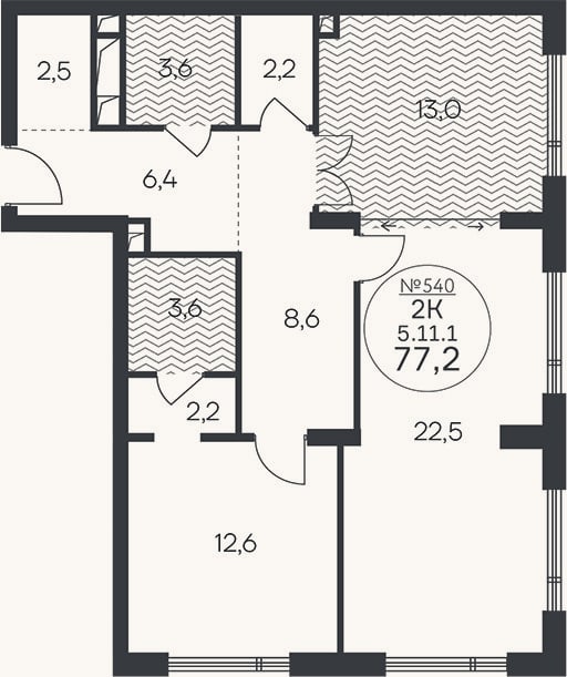 Планировка: 2-к, 77,2 м²
