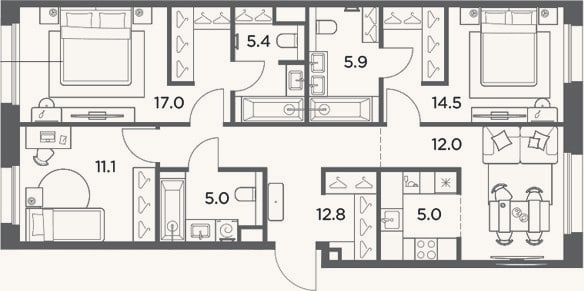 Планировка: 4+ к, 88,7 м²