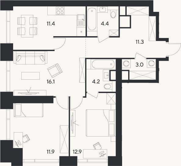 Планировка: 3-к, 75,2 м²