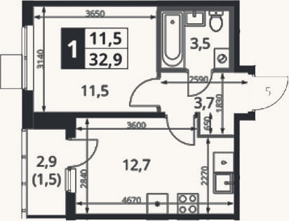 Планировка: 1-к, 31,4 м²