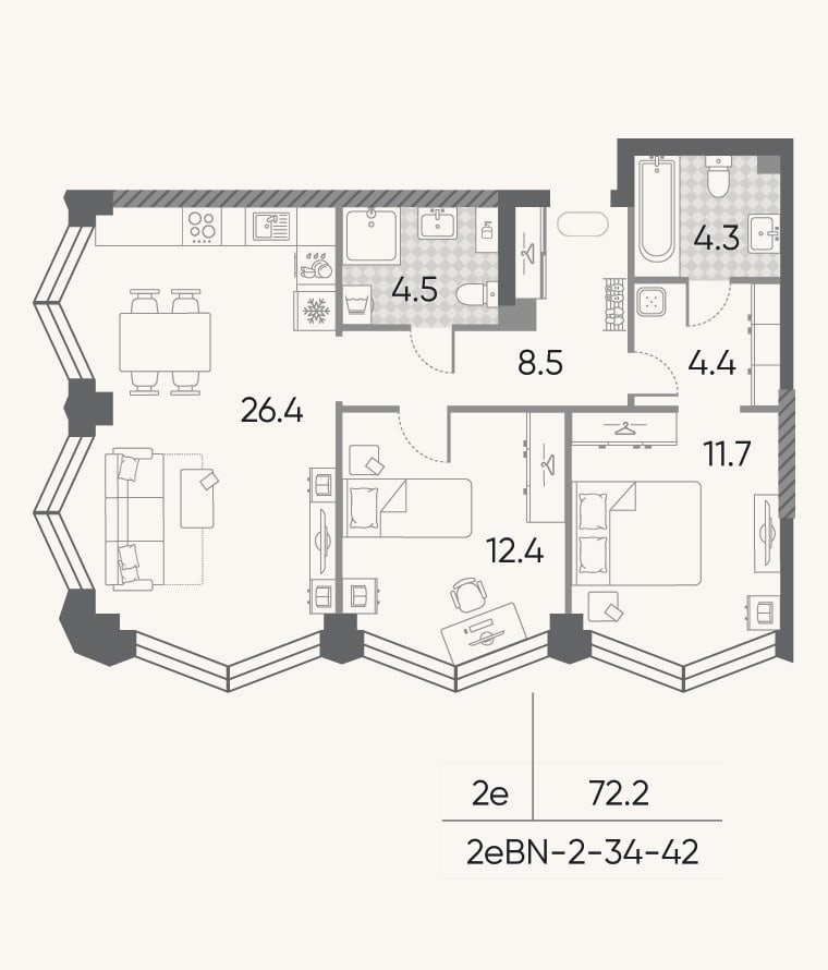 Планировка: 3-к, 72,2 м²