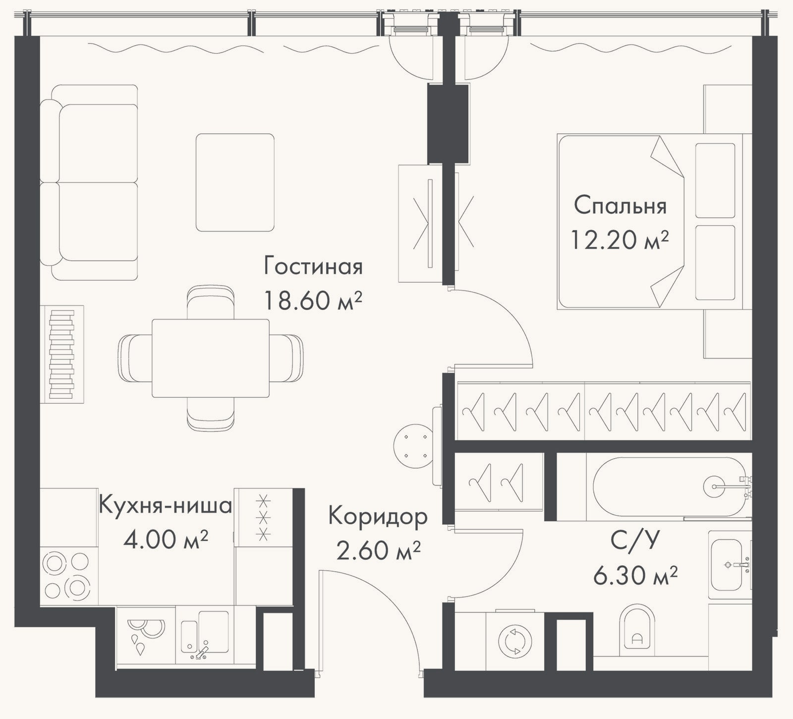 Планировка: 2-к, 43,7 м²