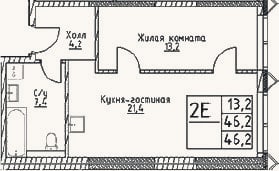 Планировка: 2-к, 46,2 м²