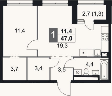 Планировка: 2-к, 45,7 м²
