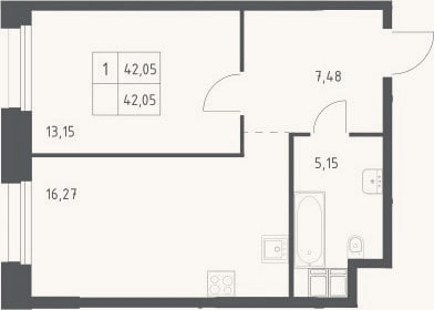 Планировка: 1-к, 42,1 м²