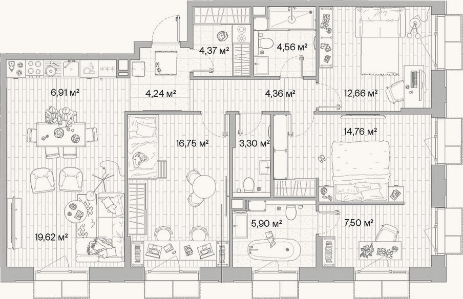 Планировка: 4+ к, 104,9 м²