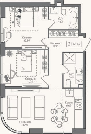Планировка: 3-к, 65,5 м²