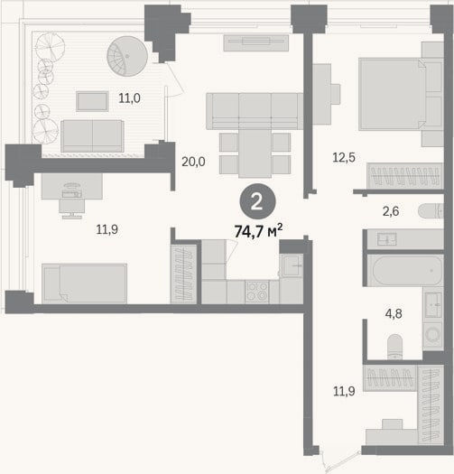 Планировка: 2-к, 63,7 м²