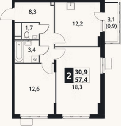 Планировка: 2-к, 56,5 м²