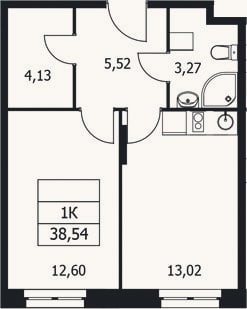 Планировка: 1-к, 38,5 м²
