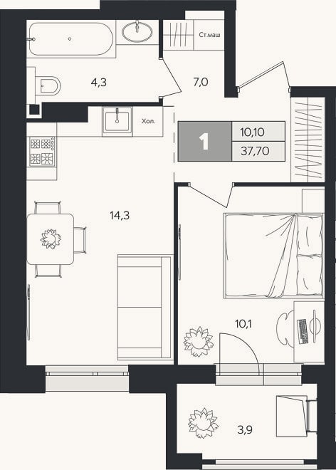 Планировка: 1-к, 35,8 м²