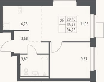 Планировка: 2-к, 34,7 м²