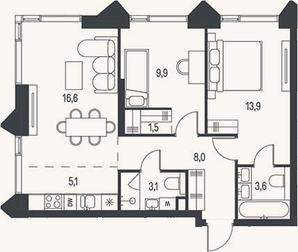 Планировка: 3-к, 61,7 м²