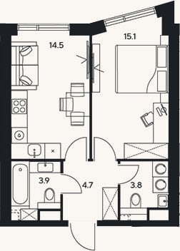 Планировка: 1-к, 42 м²