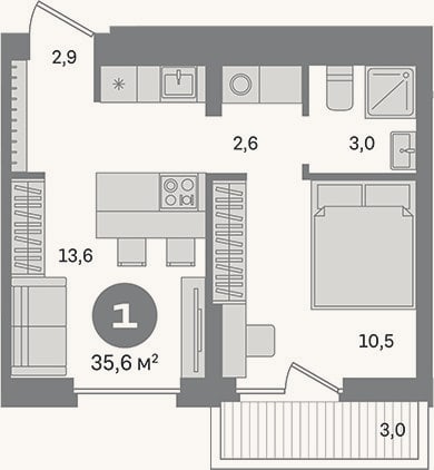 Планировка: 1-к, 32,6 м²
