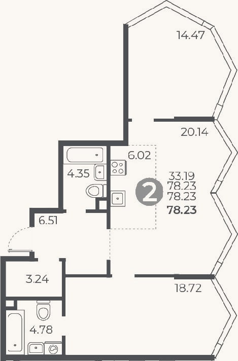 Планировка: 2-к, 78,2 м²