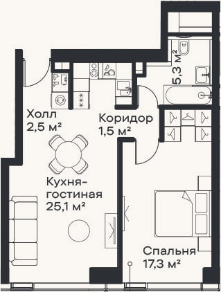 Планировка: 2-к, 51,7 м²