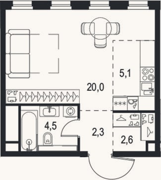 Планировка: 1-к, 34,2 м²