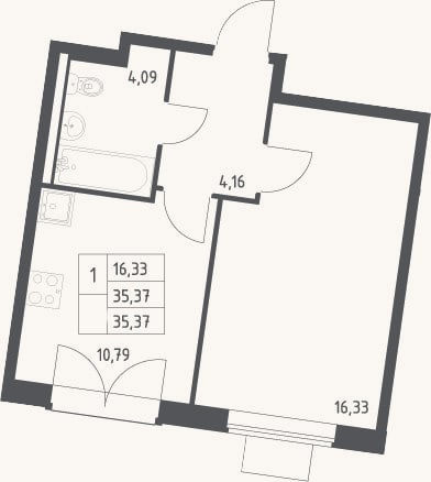 Планировка: 1-к, 35,4 м²