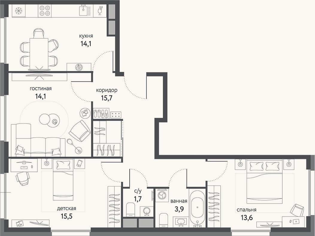 Планировка: 3-к, 78,6 м²