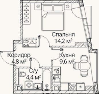 Планировка: 1-к, 33 м²
