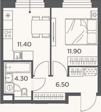 Планировка: 1-к, 35,5 м²