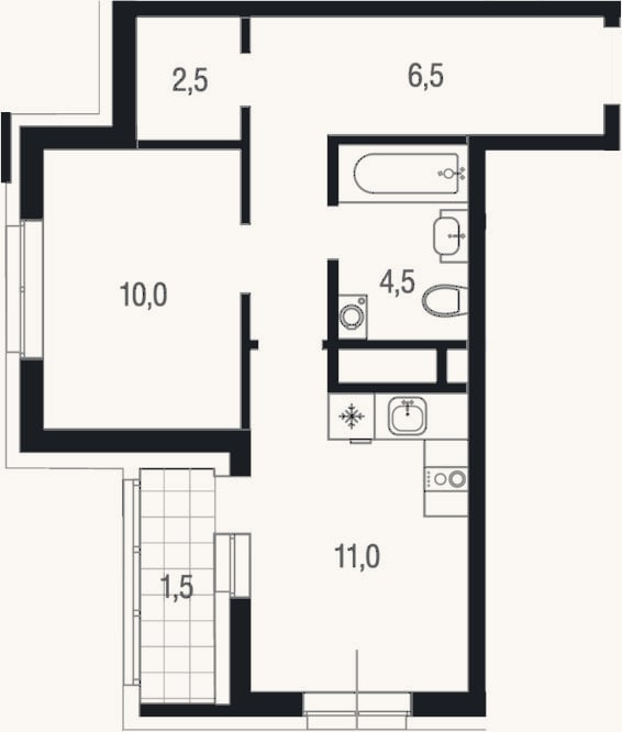 Планировка: 1-к, 34,5 м²