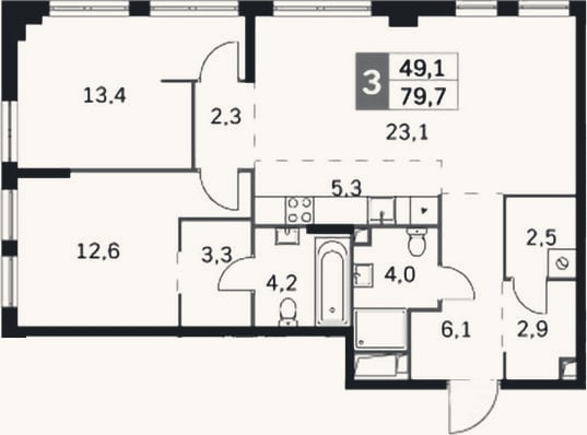 Планировка: 3-к, 79,7 м²