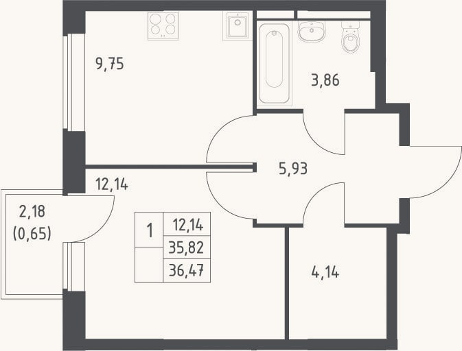 Планировка: 1-к, 35,8 м²