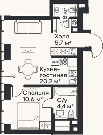 Планировка: 2-к, 42,7 м²