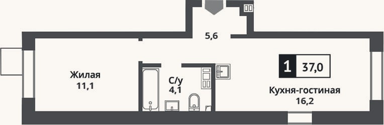 Планировка: 2-к, 37 м²