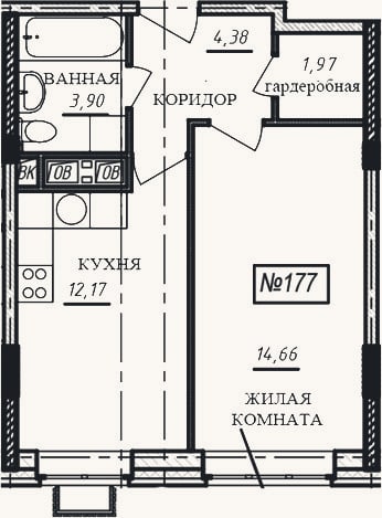 Планировка: 1-к, 37,1 м²