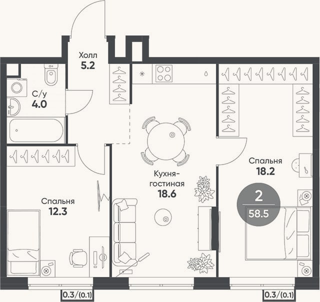 Планировка: 3-к, 58,3 м²