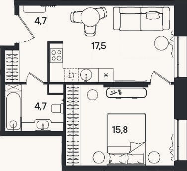 Планировка: 2-к, 42,7 м²