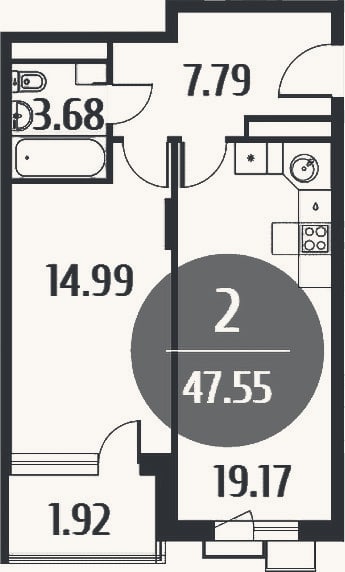 Планировка: 2-к, 45,5 м²