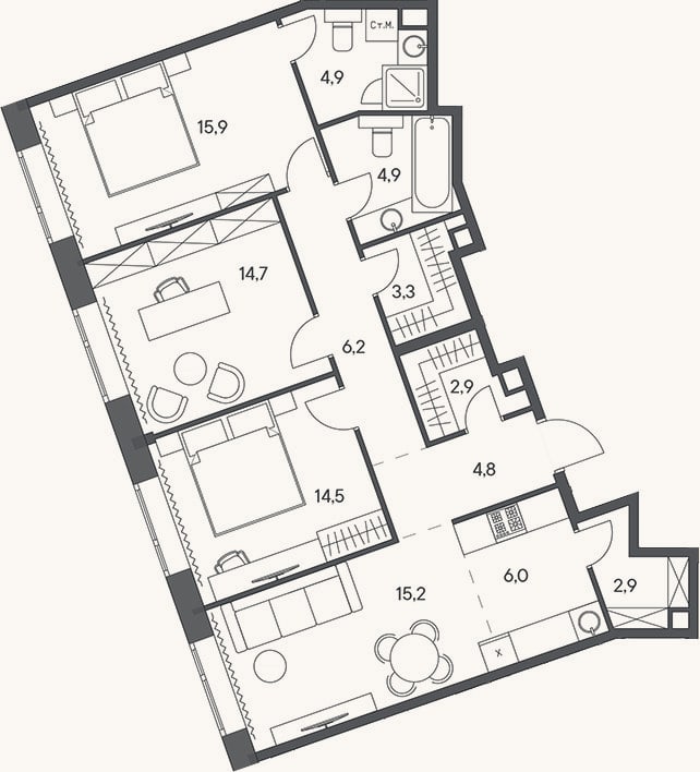 Планировка: 4+ к, 96,2 м²