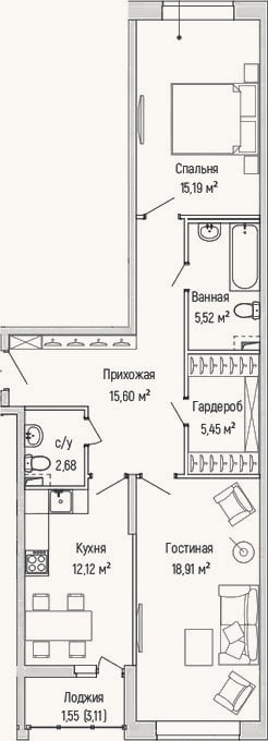 Планировка: 2-к, 75,5 м²