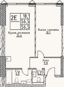 Планировка: 2-к, 56,7 м²