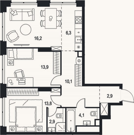 Планировка: 3-к, 70,2 м²