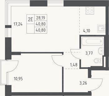 Планировка: 2-к, 40,8 м²