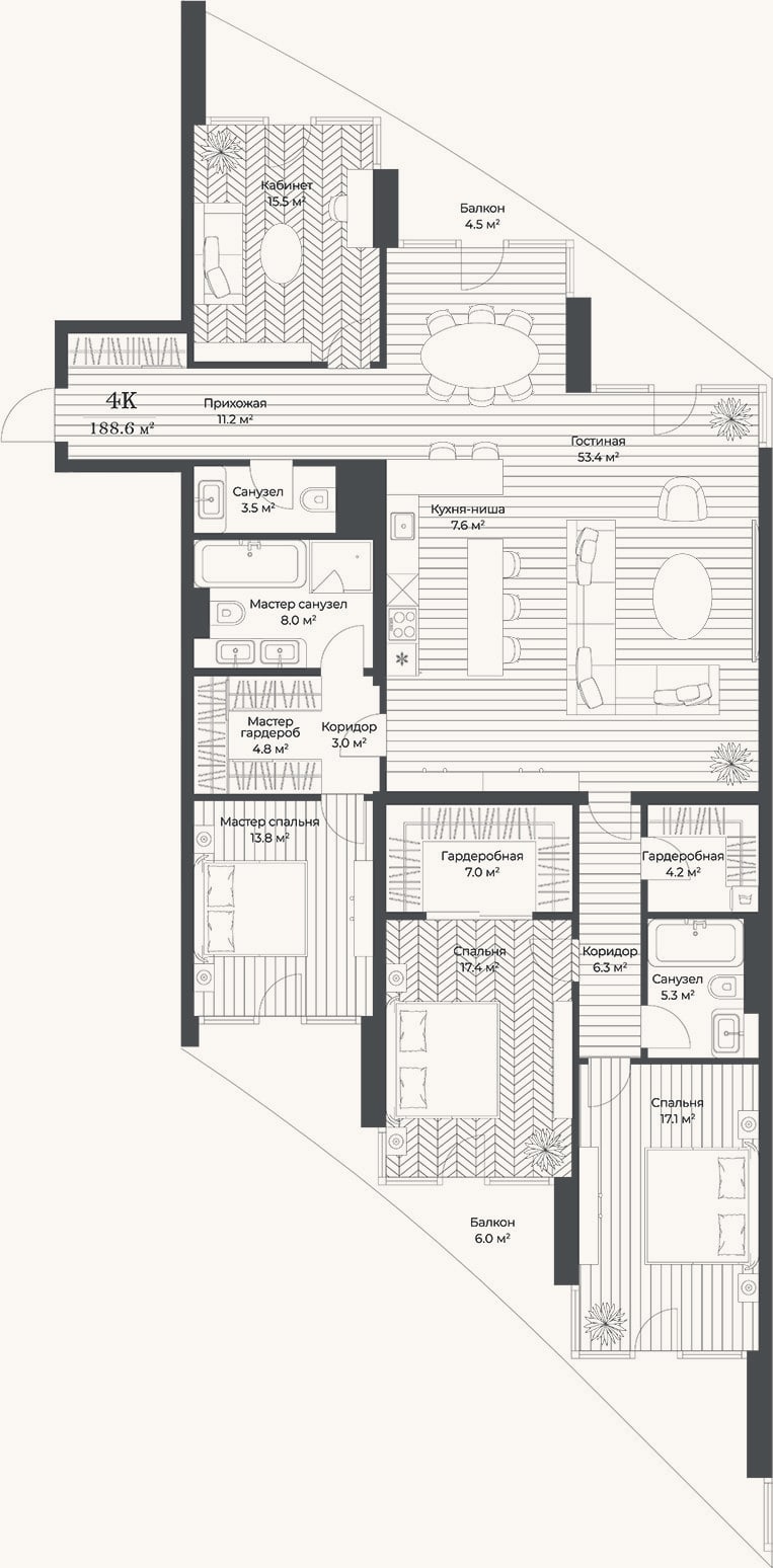 Планировка: 4+ к, 178,1 м²